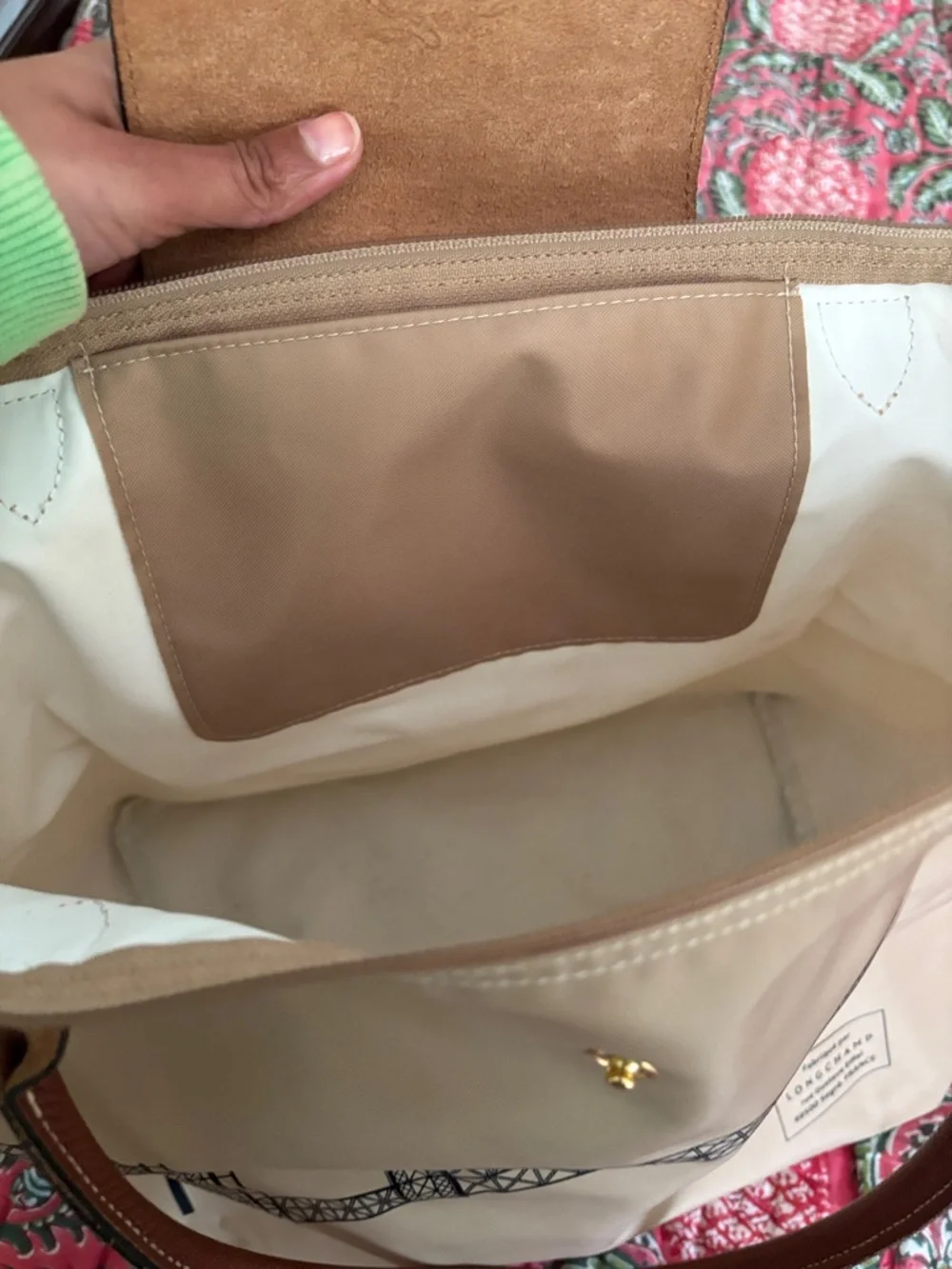 Longchamp Beige Tote with Black Eiffel Tower and Brown Trim - Picture 6 of 13